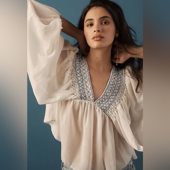 NWOT Anthropologie Women’s Sheer Smocked Babydoll White Blue Embroidered Top - M - Picture 6 of 10